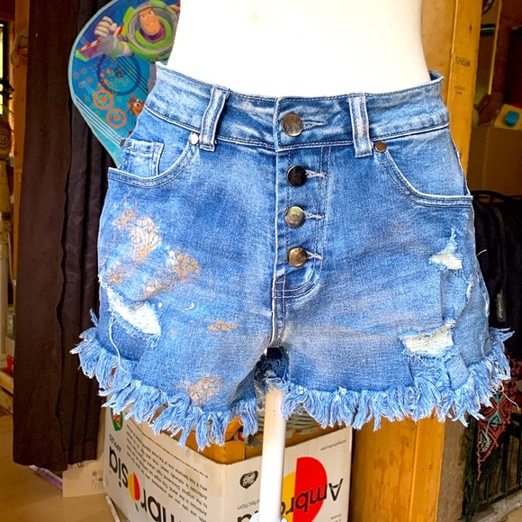 Upcycled Denim Shorts Unique Skater Streetwear Y2K Painted Embroidered Art Wear - Picture 8 of 11